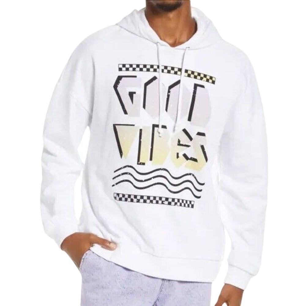 BP Graphic Pullover Sweater Mens Sz L Hooded Good Vibes Print Drawstring White